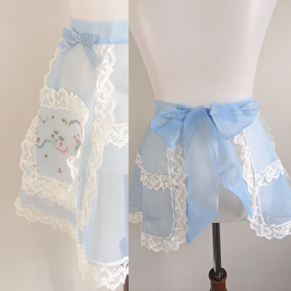 Vintage 50s Sheer Nylon Half Apron Blue Lace Embroidery Pocket Pin Up Hostess